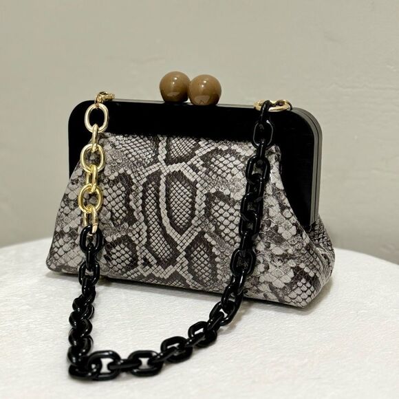 Snake Embossed Cowhide Leather Handmade Wooden Frame Clutch, Wristlet, Crossbody - Picture 8 of 16